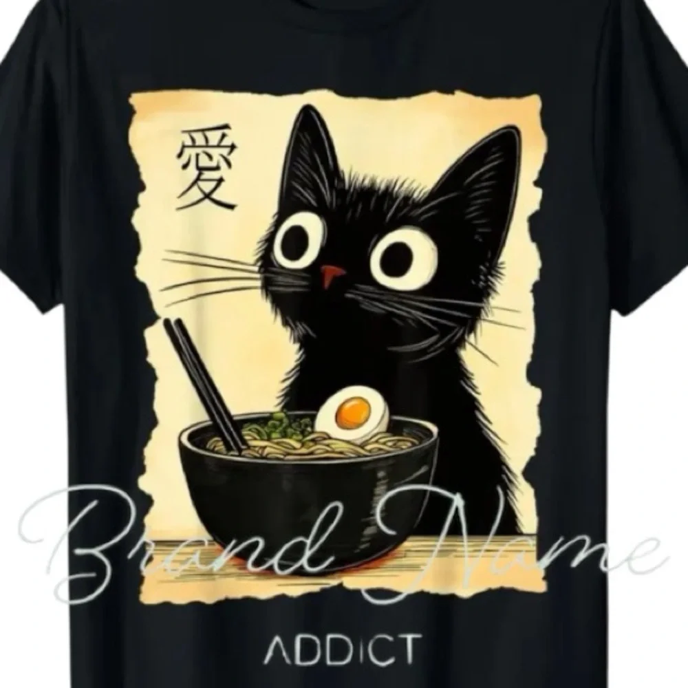 PRICE IS FIRM - Cat Eating Ramen 100% Cotton Black Short Sleeve Tee - Picture 1 of 3